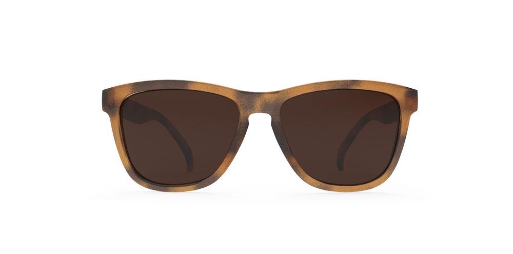 Goodr OG running sunglasses with tortoise shell frame and polarized lenses, designed for athletic use.