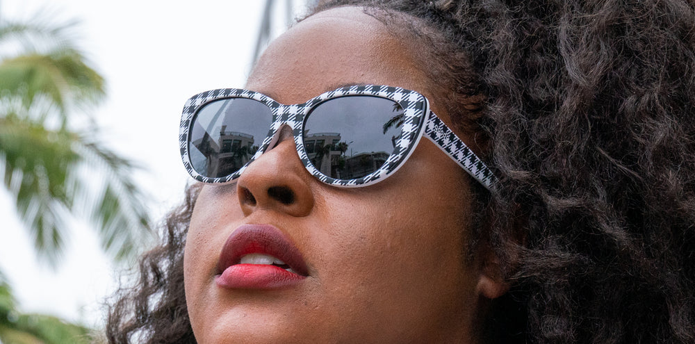 goodr Runway polarized sunglasses Gingham Is Sooo Last Season model with stylish cateye frame, no slip no bounce fit, and polarized lenses—combining fashion-forward design with high-performance running features.