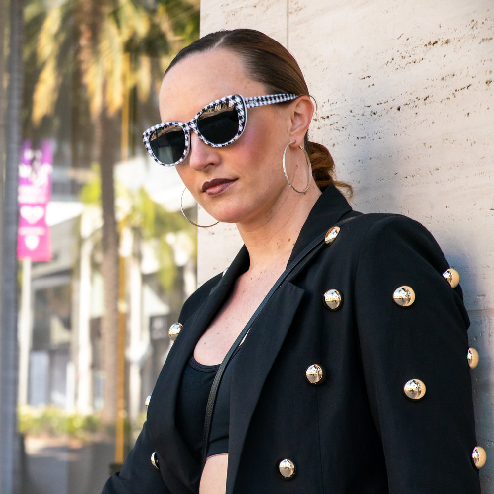 goodr Runway polarized sunglasses Gingham Is Sooo Last Season model with stylish cateye frame, no slip no bounce fit, and polarized lenses—combining fashion-forward design with high-performance running features.