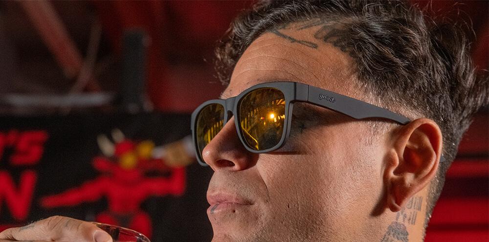 BFG running sunglasses Beelzebub’s Bourbon Burpees model with black frame and amber polarized lenses, no slip no bounce fit designed for bigger heads and comfortable outdoor running.