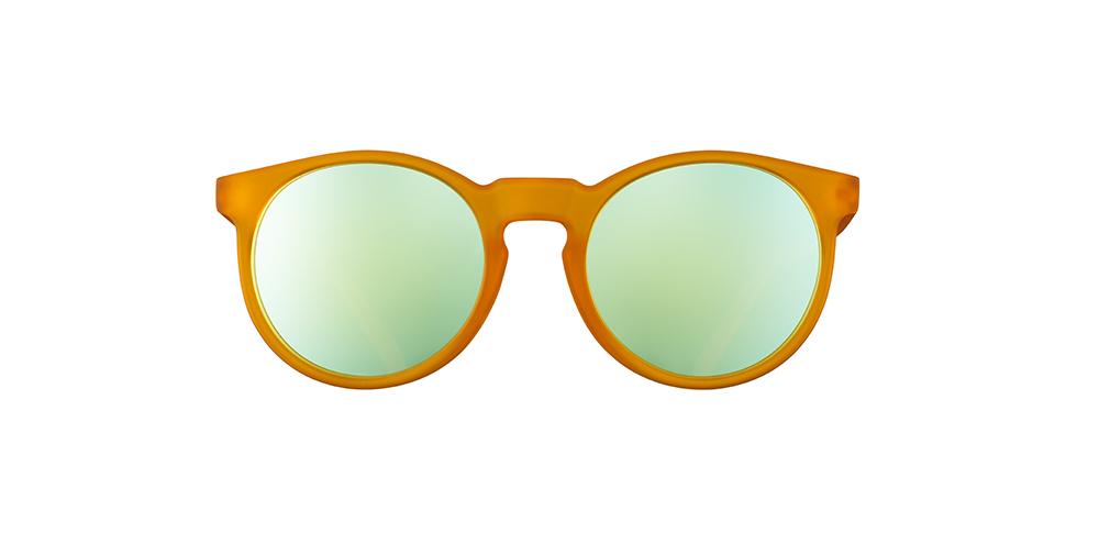 Circle G running sunglasses Freshly Baked Man Buns model with orange frame and blue round polarized lenses, offering no slip no bounce fit for optimal comfort during sports