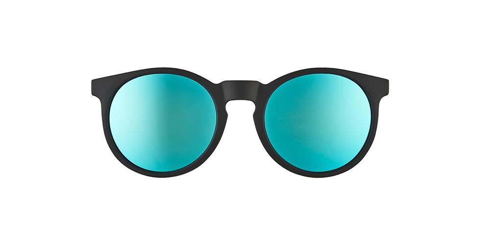 Circle G running sunglasses Midnight Ramble at a Circle Bar model with black frame and blue polarized lenses, no slip no bounce fit for reliable performance during running.