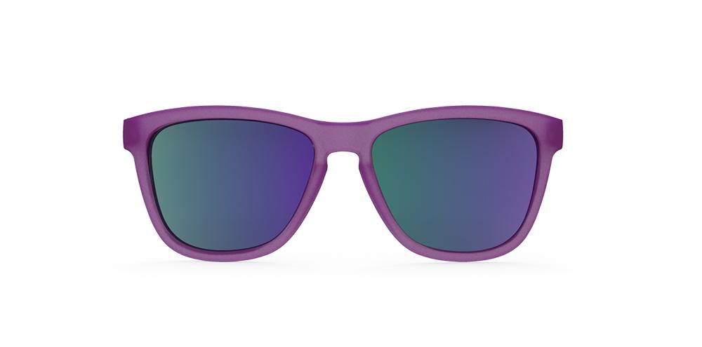 Goodr Gardening with a Kraken OG running sunglasses with purple frame and purple polarized UV400 lenses — no-slip, no-bounce fit for running and outdoor sports.