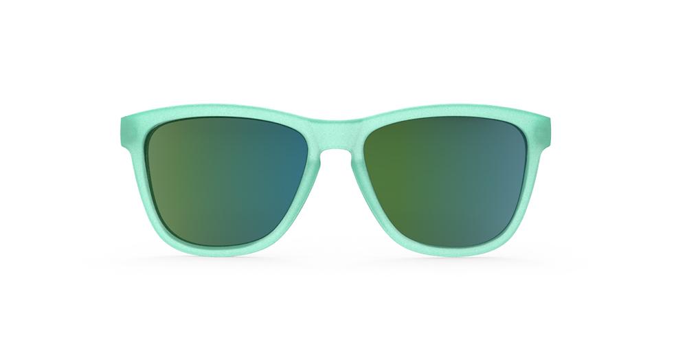 goodr OG running sunglasses Nessy’s Midnight Orgy model with light green frame and lenses, no slip no bounce fit, and all polarized lenses, designed for comfortable running and outdoor sports