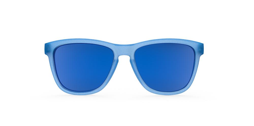 Goodr Falkor's Fever Dream OG running sunglasses with vibrant blue frame and blue polarized UV400 lenses — no-slip, no-bounce performance for running and outdoor activities.
