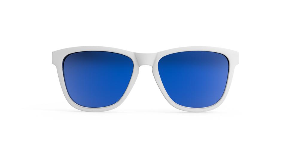 Goodr Iced by Yetis OG running sunglasses with white frame and blue polarized UV400 lenses — no-slip, no-bounce fit ideal for running, cycling, and active lifestyles.