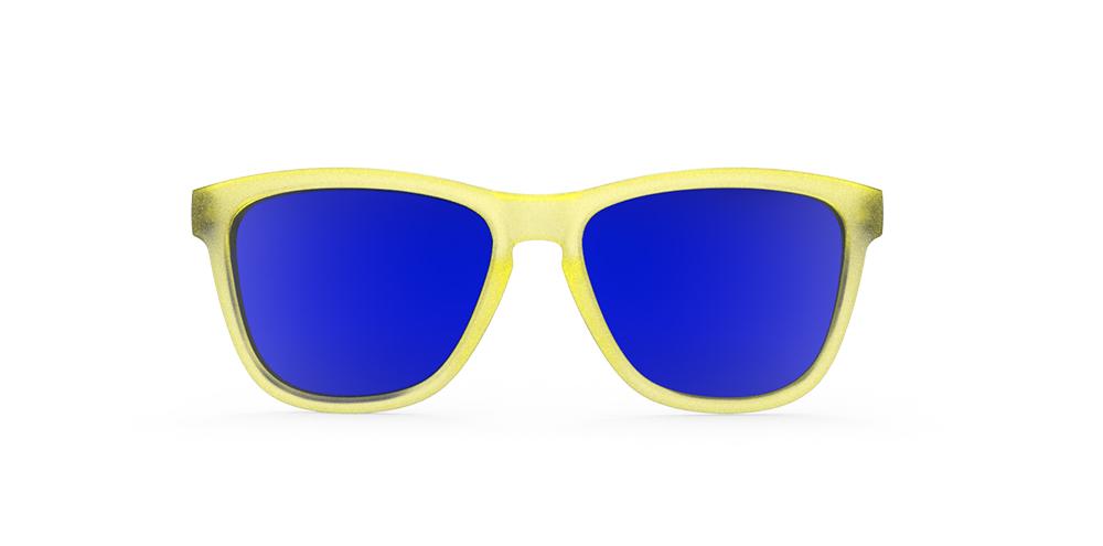 Goodr Swedish Meatball Hangover OG running sunglasses with yellow frame and blue polarized UV400 lenses — no-slip, no-bounce fit for running and active lifestyles.