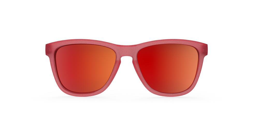 goodr OG running sunglasses Phoenix at a Bloody Mary Bar model with vibrant red-orange frame and lenses, no slip no bounce fit, and all polarized lenses, perfect for runners and outdoor enthusiasts.