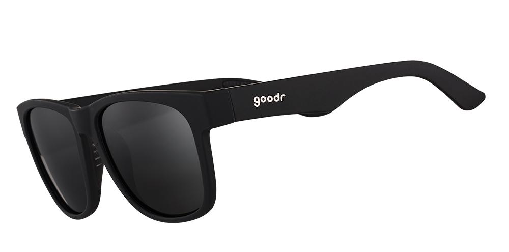 goodr BFG running sunglasses Hooked on Onyx model with all-black frame and lenses, no slip no bounce fit, and all polarized lenses, designed for bigger noggins and optimal running comfort.