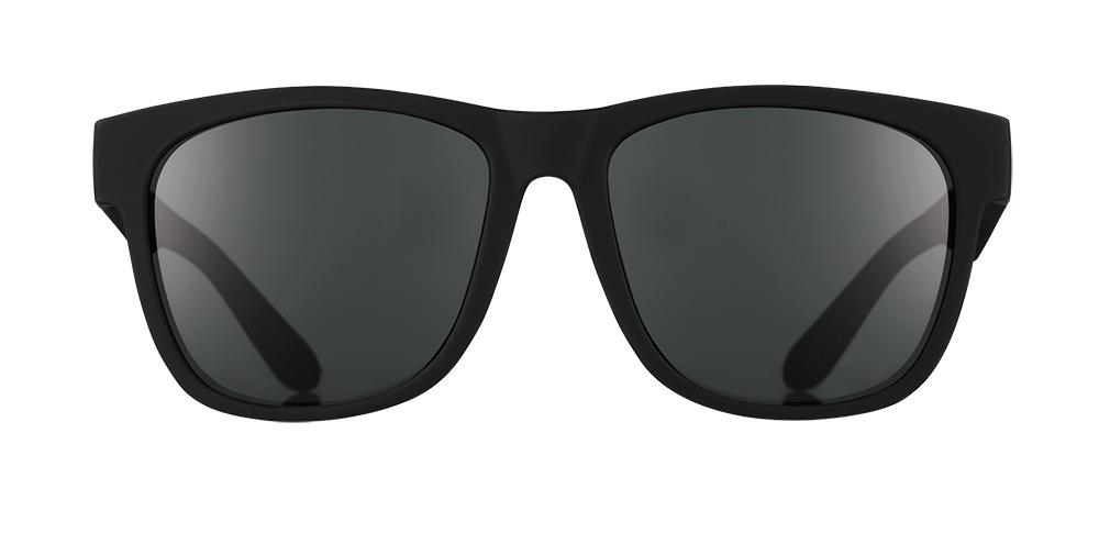goodr BFG running sunglasses Hooked on Onyx model with all-black frame and lenses, no slip no bounce fit, and all polarized lenses, designed for bigger noggins and optimal running comfort.