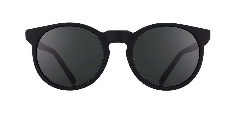 Goodr Circle G "It's Not Black, It's Obsidian" — round black running sunglasses with a sleek obsidian black frame and polarized lenses. Designed for a no-slip, no-bounce fit, perfect for runners seeking style and reliable performance.