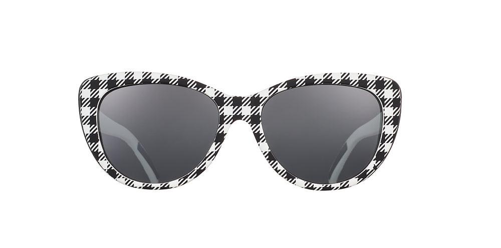 goodr Runway polarized sunglasses Gingham Is Sooo Last Season model with stylish cateye frame, no slip no bounce fit, and polarized lenses—combining fashion-forward design with high-performance running features.