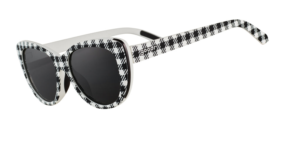 goodr Runway polarized sunglasses Gingham Is Sooo Last Season model with stylish cateye frame, no slip no bounce fit, and polarized lenses—combining fashion-forward design with high-performance running features.