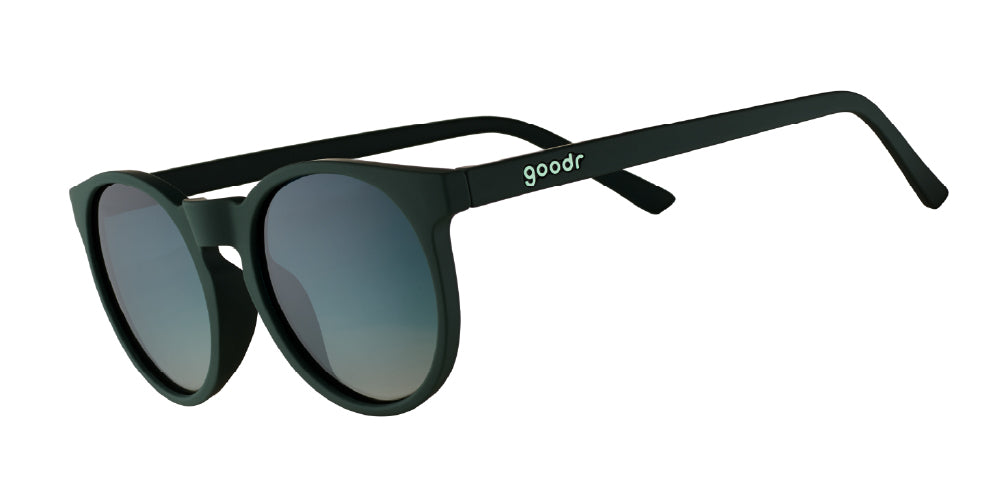 Goodr Circle G "I Have These on Vinyl" round green polarized sunglasses with UV400 protection and a no-slip grip frame. Vintage-inspired running sunglasses designed for hipsters and active lifestyles, featuring gradient lenses for style and eye protection at outdoor events.