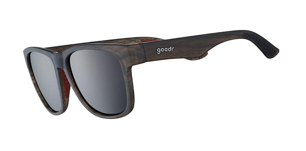 goodr BFG running sunglasses Just Knock It On! model with wooden-like frame, no slip no bounce fit, and all polarized lenses, designed specifically for bigger noggins and comfortable running