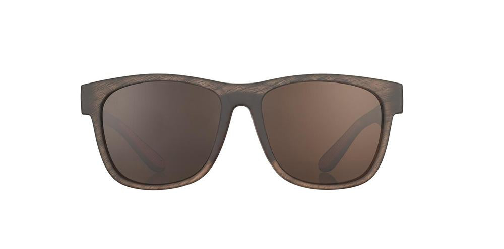 goodr BFG running sunglasses Just Knock It On! model with wooden-like frame, no slip no bounce fit, and all polarized lenses, designed specifically for bigger noggins and comfortable running