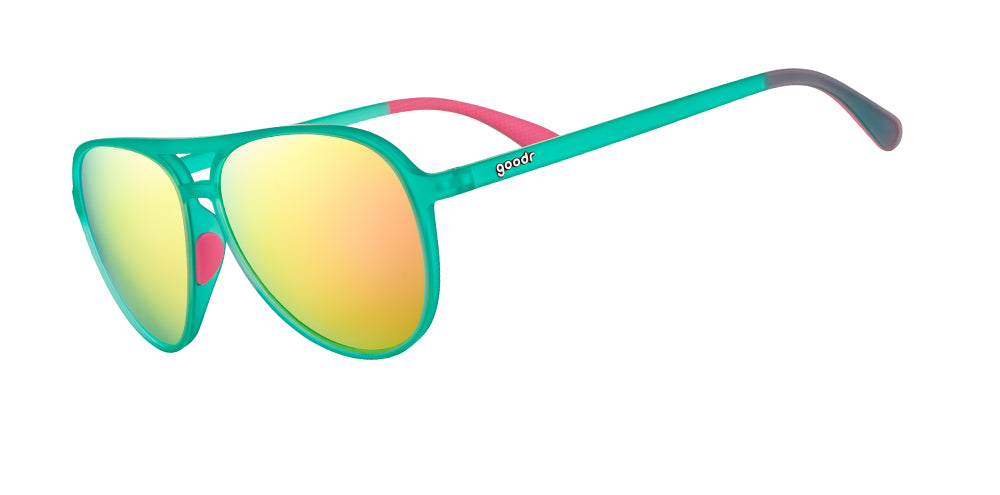 goodr MACH Gs polarized sunglasses Kitty Hawkers' Ray Blockers model with aviator-style frame, no slip no bounce fit, and glare-reducing polarized lenses, designed for running, flying, and high-performance outdoor activities