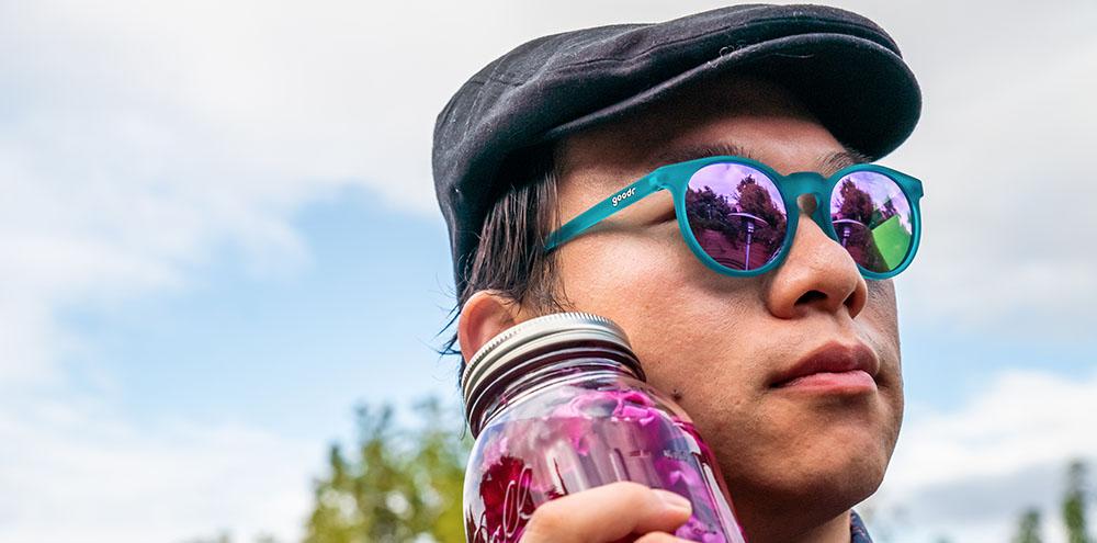 Circle G running sunglasses I Pickled These Myself model featuring blue frame and purple round polarized lenses, no slip no bounce fit designed for active runners.