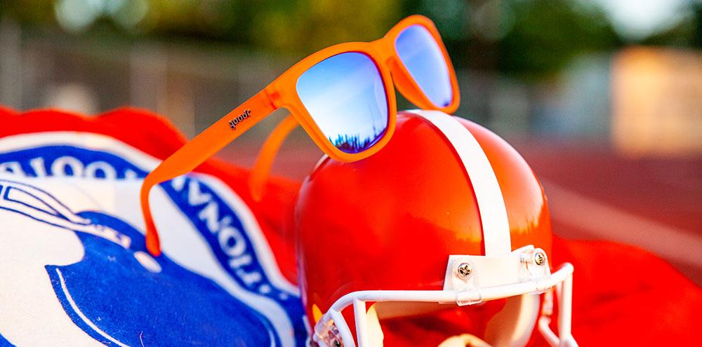 Goodr Donkey Goggles OG running sunglasses with bold orange frame and polarized UV400 lenses — no-slip, no-bounce design for running, fitness, and outdoor sports.