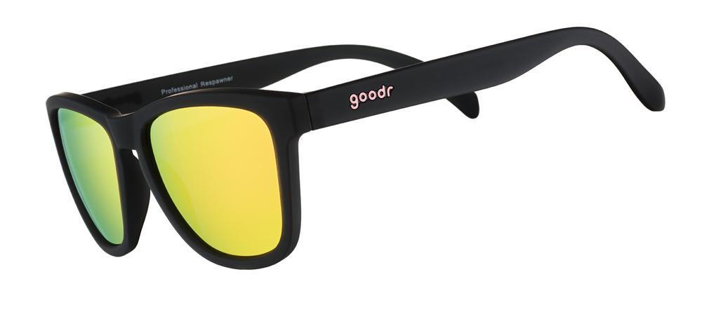 goodr OG running sunglasses Professional Respawner model with black frame and pink-yellow polarized lenses, featuring no slip no bounce fit and all polarized lenses for high-performance running and outdoor use