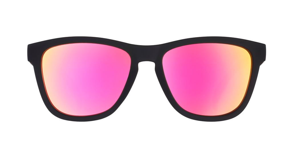 goodr OG running sunglasses Professional Respawner model with black frame and pink-yellow polarized lenses, featuring no slip no bounce fit and all polarized lenses for high-performance running and outdoor use