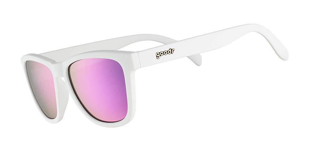 goodr OG running sunglasses Side Scroll Eye Roll model with white frame and purple polarized lenses, no slip no bounce fit, and all polarized lenses—ideal for running and active lifestyles.