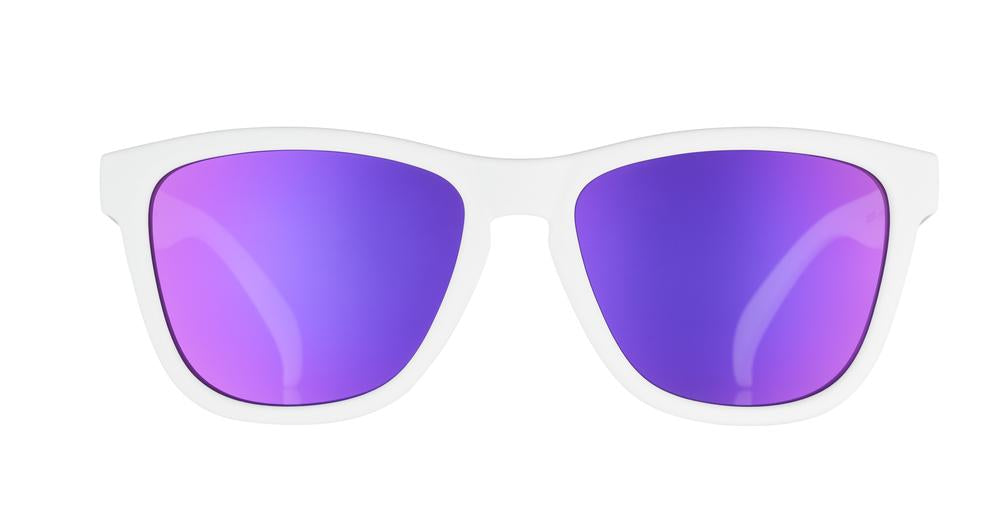 goodr OG running sunglasses Side Scroll Eye Roll model with white frame and purple polarized lenses, no slip no bounce fit, and all polarized lenses—ideal for running and active lifestyles.