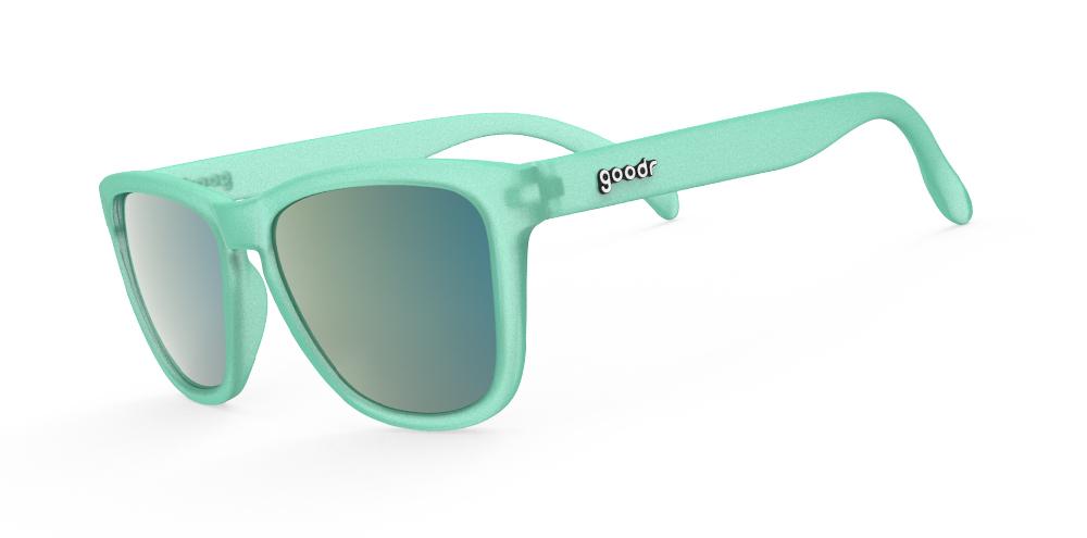 goodr OG running sunglasses Nessy’s Midnight Orgy model with light green frame and lenses, no slip no bounce fit, and all polarized lenses, designed for comfortable running and outdoor sports