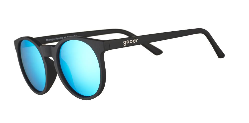 Circle G running sunglasses Midnight Ramble at a Circle Bar model with black frame and blue polarized lenses, no slip no bounce fit for reliable performance during running.
