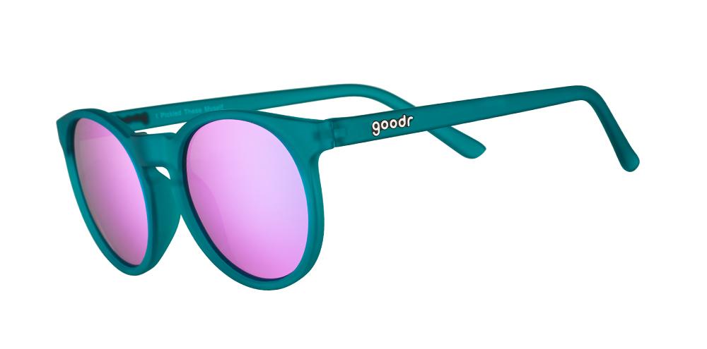 Circle G running sunglasses I Pickled These Myself model featuring blue frame and purple round polarized lenses, no slip no bounce fit designed for active runners.