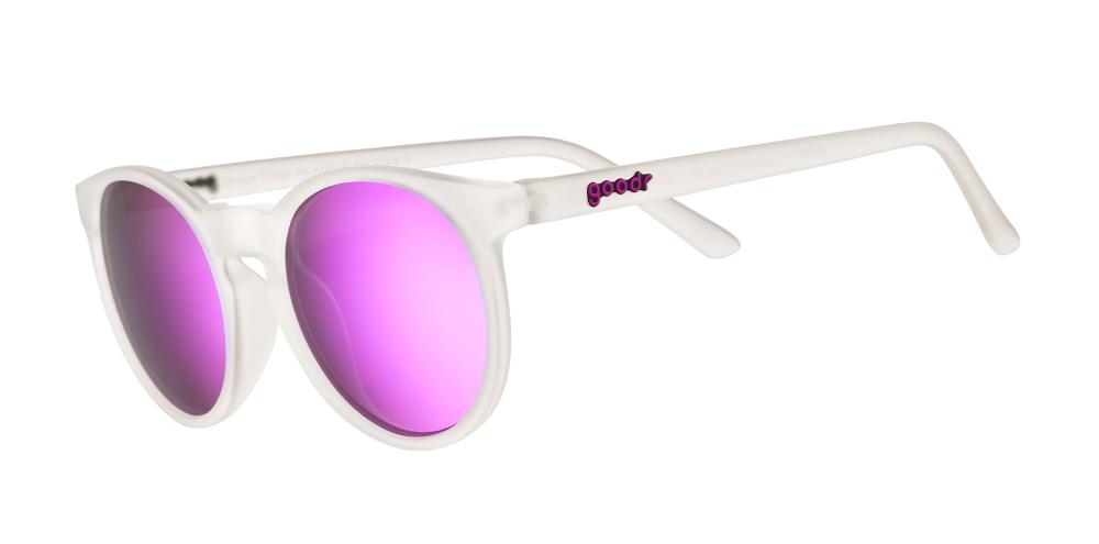 Circle G running sunglasses Strange Things Are Afoot At The Circle G model with white frame and purple round polarized lenses, no slip no bounce fit for comfortable running and outdoor use