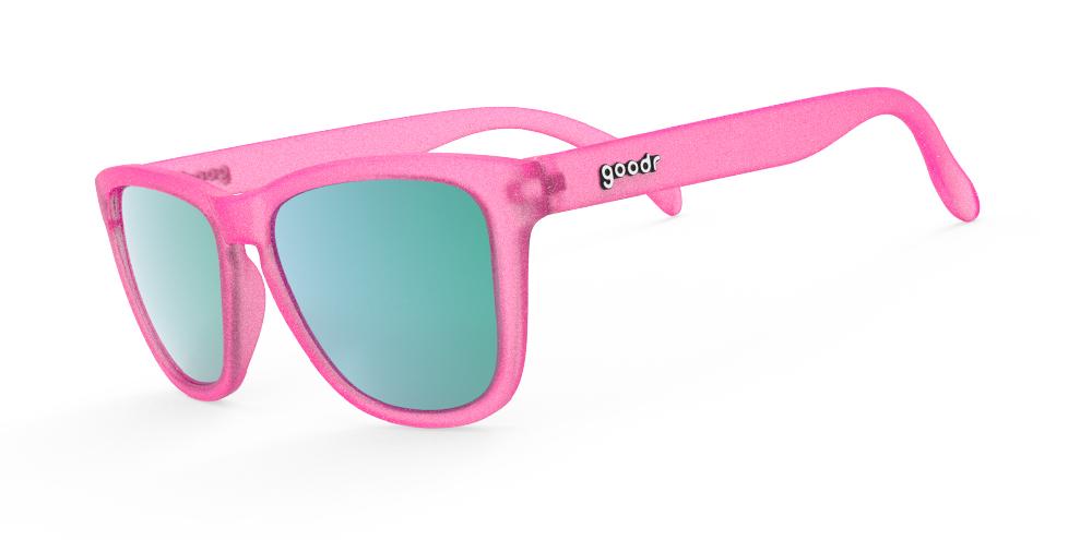 Goodr Flamingos on a Booze Cruise OG running sunglasses with bright pink frame and polarized UV400 lenses — perfect no-slip, no-bounce sunglasses for running and fitness.