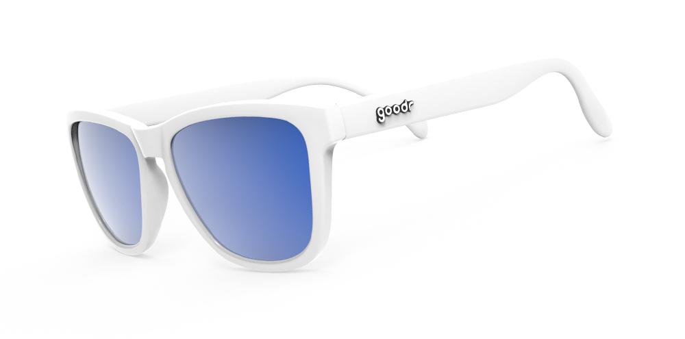 Goodr Iced by Yetis OG running sunglasses with white frame and blue polarized UV400 lenses — no-slip, no-bounce fit ideal for running, cycling, and active lifestyles.