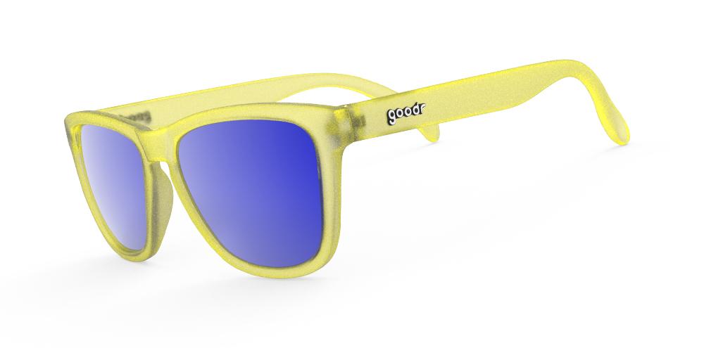 Goodr Swedish Meatball Hangover OG running sunglasses with yellow frame and blue polarized UV400 lenses — no-slip, no-bounce fit for running and active lifestyles.
