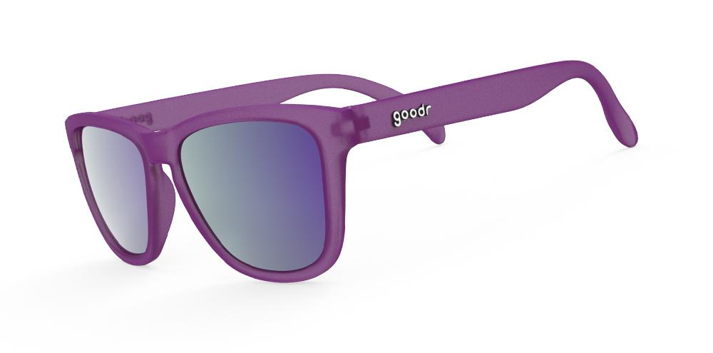 Goodr Gardening with a Kraken OG running sunglasses with purple frame and purple polarized UV400 lenses — no-slip, no-bounce fit for running and outdoor sports.