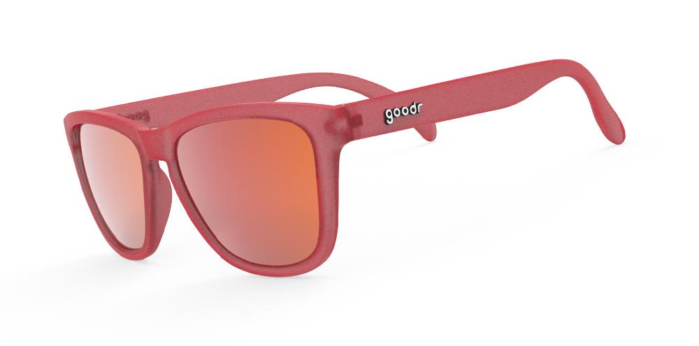 goodr OG running sunglasses Phoenix at a Bloody Mary Bar model with vibrant red-orange frame and lenses, no slip no bounce fit, and all polarized lenses, perfect for runners and outdoor enthusiasts.
