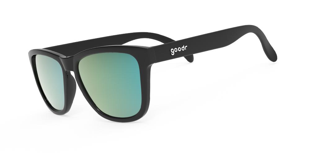 Goodr Vincent's Absinthe Night Terrors OG running sunglasses with black frame and green polarized UV400 lenses — no-slip, no-bounce design for running and active lifestyles.