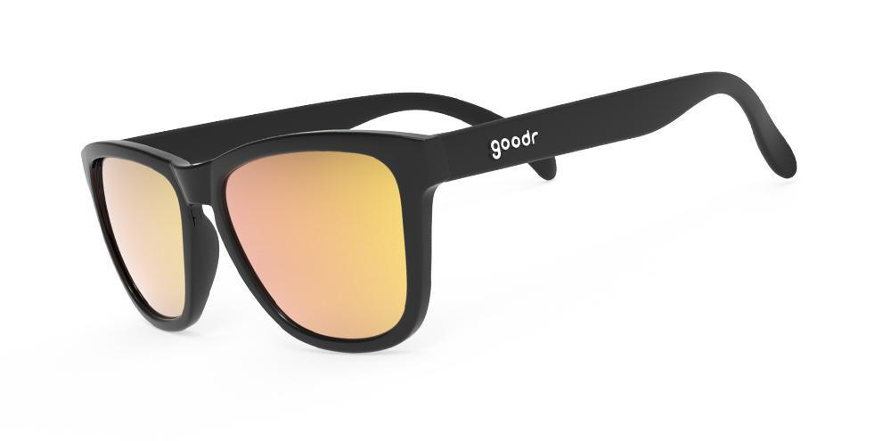 Goodr Whiskey Shots with Satan OG running sunglasses with black frame and amber polarized UV400 lenses — no-slip, no-bounce performance for running and outdoor adventures.