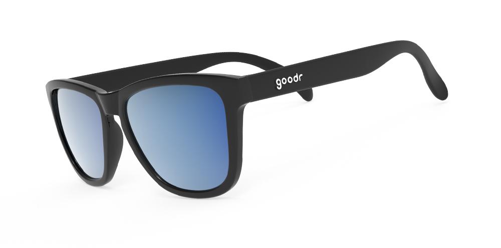 Goodr Mick and Keith's Midnight Ramble OG running sunglasses with black frame and blue polarized UV400 lenses — no-slip, no-bounce design for running, cycling, and active lifestyles.