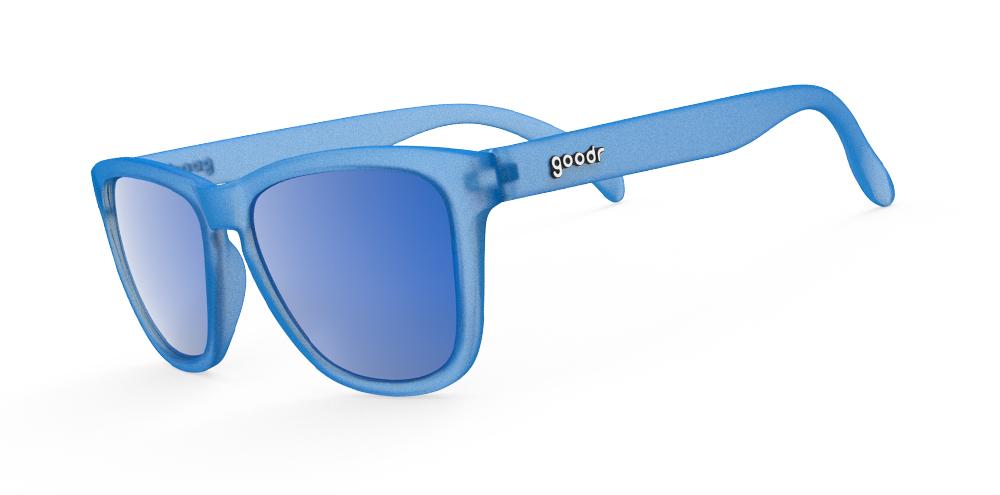 Goodr Falkor's Fever Dream OG running sunglasses with vibrant blue frame and blue polarized UV400 lenses — no-slip, no-bounce performance for running and outdoor activities.