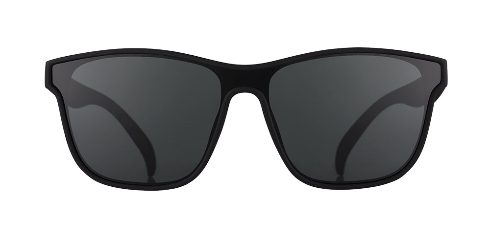 goodr VRG polarized sunglasses The Future is Void model with all-black wraparound frame and lenses, no slip no bounce fit, and polarized lenses—perfect for running, cycling, and high-performance outdoor activities.