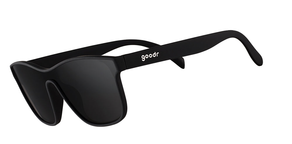 goodr VRG polarized sunglasses The Future is Void model with all-black wraparound frame and lenses, no slip no bounce fit, and polarized lenses—perfect for running, cycling, and high-performance outdoor activities.