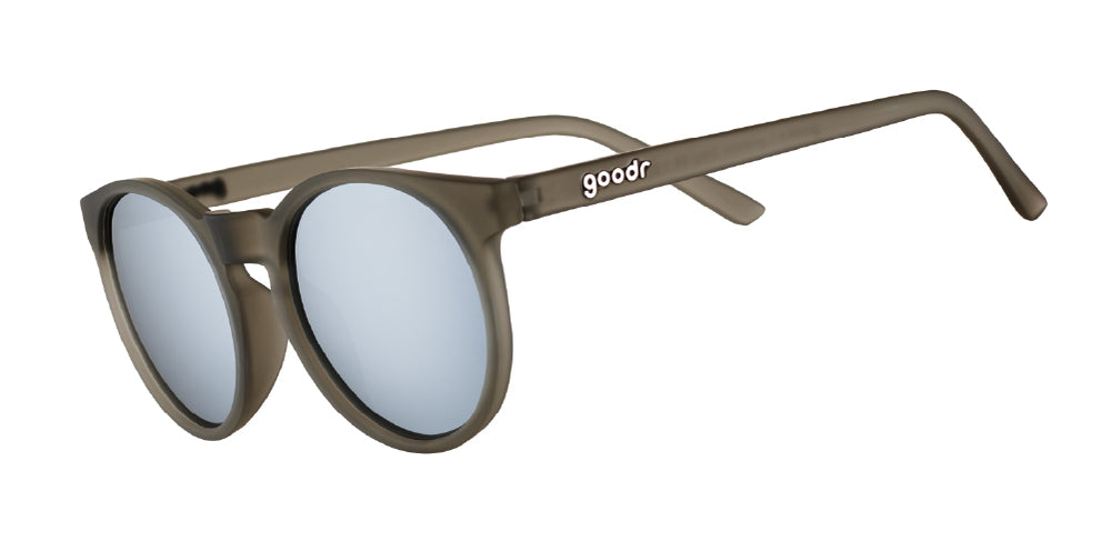 Goodr Circle G They Were Out of Black round gray polarized sunglasses with no-slip, no-bounce fit. Hipster-inspired running sunglasses designed for comfort and style.