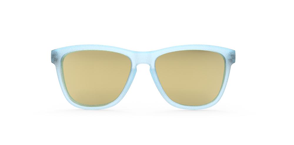 Goodr Sunbathing with Wizards OG running sunglasses with fresh blue frame and gold polarized UV400 lenses — perfect no-slip, no-bounce sunglasses for running and everyday wear.