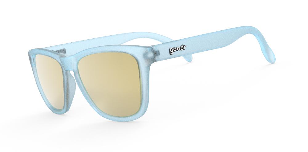 Goodr Sunbathing with Wizards OG running sunglasses with fresh blue frame and gold polarized UV400 lenses — perfect no-slip, no-bounce sunglasses for running and everyday wear.