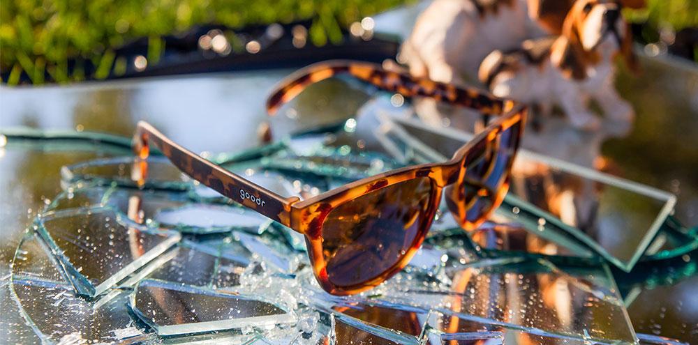 Goodr OG running sunglasses with tortoise shell frame and polarized lenses, designed for athletic use.
