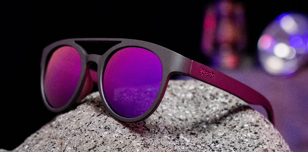 goodr PHG polarized sunglasses The New Prospector model with no slip no bounce fit and purple polarized lenses, designed for outdoor performance and running