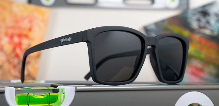 Goodr LFG sunglasses 'Get On My Level' – sleek black polarized sunglasses with a snug fit for small heads, featuring a lightweight no-bounce frame, glare-reducing lenses, and stylish square shape for active lifestyles.