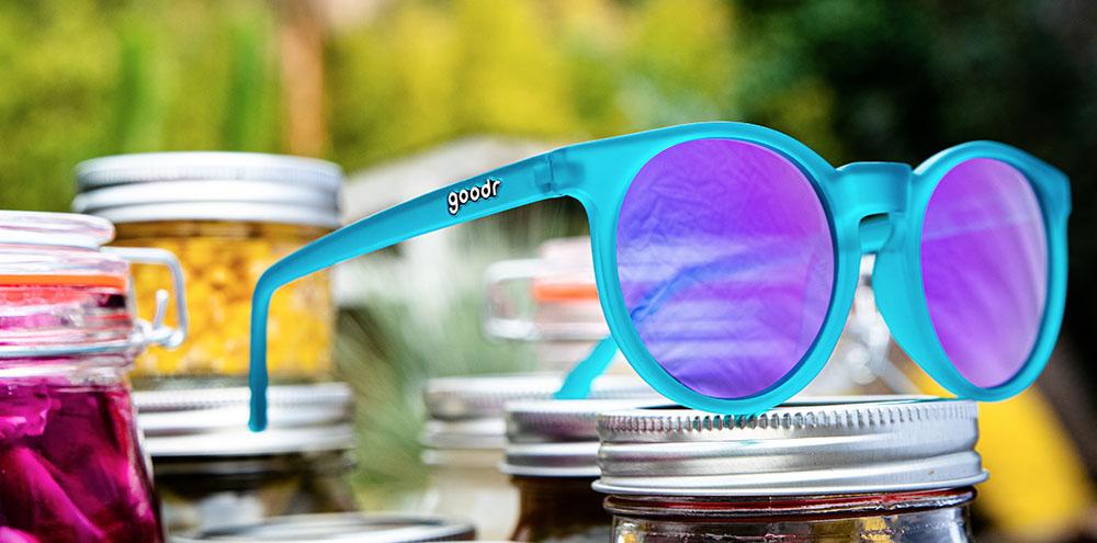 Circle G running sunglasses I Pickled These Myself model featuring blue frame and purple round polarized lenses, no slip no bounce fit designed for active runners.