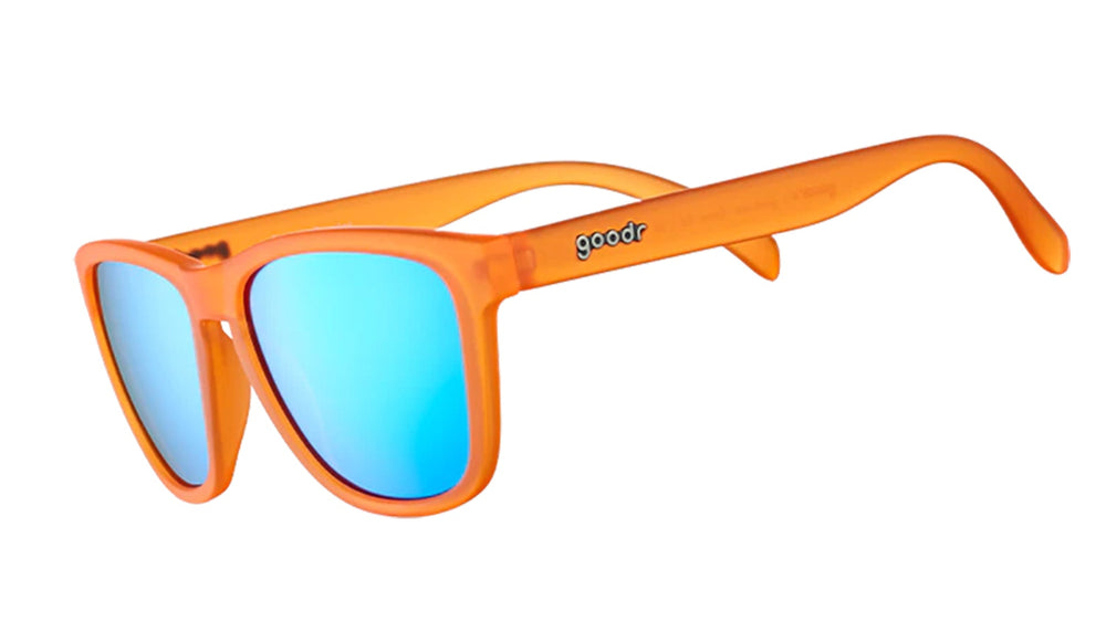 Goodr Donkey Goggles OG running sunglasses with bold orange frame and polarized UV400 lenses — no-slip, no-bounce design for running, fitness, and outdoor sports.